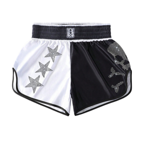 Pantalones Cortos de Muay Thai Personalizados de Alta Calidad, Tela Satén Elástica y Transpirable, Bordado de Pedrería Personalizado, Logotipo Frontal - para MMA BJJ - Product Image 1