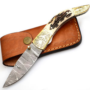 Couteau de camping pliant bon marché couteaux pliants en acier damas de style unique pour la vente en ligne couteau de poche avec étui en cuir - Product Image 1
