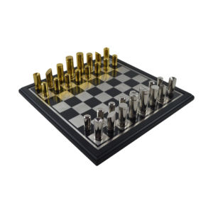 Jeu d'échecs en bois et métal avec finition brillante et combinaison de couleurs argent et noir, décoration, jeu d'esprit, jeu d'échecs en bois - Product Image 3