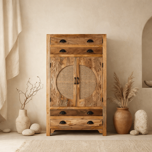 Gabinete de Madera de Mango Sólido MKJ |   Mueble de Almacenamiento para Sala de Estar Estilo Japandi con 4 Cajones y Puertas Corredizas |   Muebles para el Hogar Tallados a Mano con 3 Años de Duración - Product Image 5