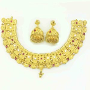 Vente en gros de bijoux pour femmes, collier et boucles d'oreilles en laiton plaqué or 14K, 18K, 24K, design floral traditionnel, ensemble de bijoux de mariage - Product Image 3