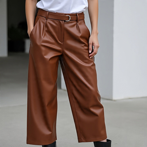 Ropa de calle personalizada de cintura alta, pantalones Cargo largos de cuero de pierna ancha para mujer, pantalones holgados de piel de oveja con múltiples bolsillos para mujer - Product Image 6