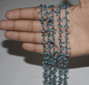 Black plated aqua calcedony Glass Beads <b>Cluster</b> Rosary. Beaded Chain for Bracelet necklace Jewelry Making. 3mm beads chain - Product Image 2