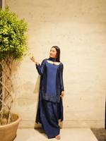 Setelan Salwar Kameez Midi Wanita Unity Luxure Elegan Biru Dongker Bordir Sutra Longgar dengan Dupatta Anti Kusut Cepat Kering