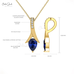 Pendentif délicat en diamant taille brillant G-H de 0,9 mm avec sertissage clos de 6x4 mm, collier en saphir bleu, or massif 14 carats, bijoux personnalisés - Product Image 4