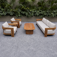 Ensemble de canapés d'extérieur modernes en teck toutes saisons, mobilier de patio en bois personnalisé en gros pour cour, hôtel, terrasse, villa, complexe hôtelier, bord de piscine