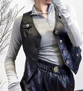 Chaleco de Cuero Vacuno de Moda Urbana para Mujer, Chaleco Corto de Cuero Auténtico Personalizado al por Mayor, Chalecos de Estilo Hip Hop para Mujer - Product Image 4