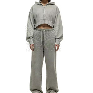 Ensemble de survêtement décontracté d'hiver à logo personnalisé, effet délavé, en coton, avec sweat à capuche et pantalon de jogging, 2 pièces, couleur personnalisable - Product Image 1