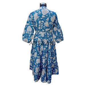 Robe mi-longue pour femme en coton indien tricoté, imprimé numérique, motif floral vintage, col en V, manches trois quarts, silhouette trapèze, été - Product Image 6