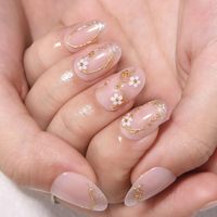 Faux ongles ronds courts en acrylique, motif fleur blanche or français, réutilisables, kit naturel, vente en gros