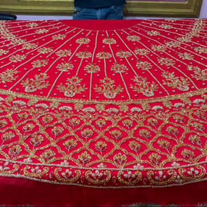 Cotton Hand Embroidered Bridal Lehenga Fabric A-Line Red Zari <b>Sequins</b> Work Illusion Pearl Crystal <b>Midi</b>-Length <b>Skirt</b> Panel - Product Image 1