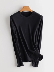 Camiseta de Cuello Alto para Mujer, Otoño Invierno 2024, 100% Algodón Jersey, Mezcla de Seda Real, Mangas Largas, Básica, Lisa, para Usar como Capa Inferior - Product Image 3