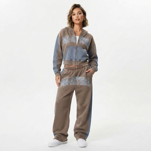 Conjunto Deportivo Personalizado para Mujer, Sudadera Corta con Cremallera en Dos Tonos Marrón y Azul, Pantalones Deportivos Anchos, Venta al Por Mayor OEM - Product Image 1
