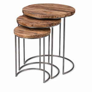Industrial Solid Wood <b>Nesting</b> Coffee <b>Table</b> Set | Round Metal Frame <b>Tables</b> | Vintage Living Room Furniture Set - Product Image 1