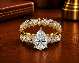 Bague de fiançailles tendance en or pur 14 carats avec diamant de laboratoire taille poire et double bande, ornée de diamants marquise et ronds, pour femme - Product Image 1