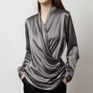 Blusa básica de seda satinada para mujer, Top de punto de manga larga para mujer de oficina, Tops de camisa de talla grande - Product Image 1