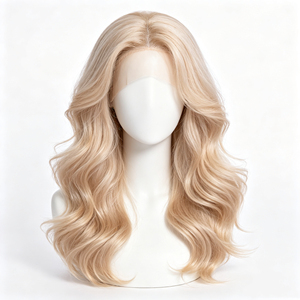 Perruque en cheveux humains blond champagne, longue, à ondulations lâches, avec dentelle frontale 13*4, raie au milieu - Product Image 1