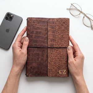 Personalized Crocodile Brown Embossed Leather Journal Cover, Refillable <b>Notebook</b>, 3 Insert <b>Planner</b>, Textured Leather Organizer - Product Image 2
