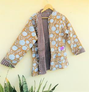 Chaqueta de lana de algodón con estampado Reversible Floral para mujer, abrigo de invierno acolchado con bloque de mano, bolsillos con botones, acabado corto tejido - Product Image 4