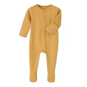 Ropa de bebé recién nacido personalizada tela Natural liso sólido manga larga 100% algodón orgánico Footie cremallera pijamas de bebé