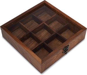 Wooden Masala Dabba Spice Storage <b>Box</b> With Glass Lid on Top - 9 Non <b>Removable</b> Spice Containers with 1 Spoon Masala Canister - Product Image 5