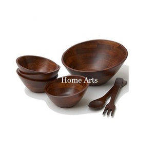 Ensemble de 4 bols de service en bois couleur marron, forme ronde, différentes tailles, avec cuillère et fourchette - Product Image 1