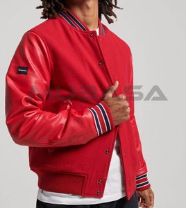 Vestes Versity pour hommes Blousons bombardiers à manches boutonnées en cuir de haute qualité avec patchs brodés personnalisés - Product Image 1