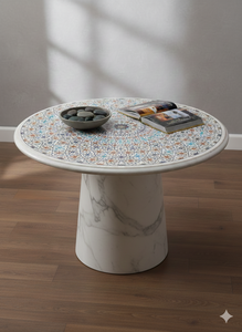 Plateau de table basse en marbre blanc durable avec incrustations traditionnelles, meuble décoratif pour salon, usage domestique - Product Image 3