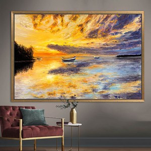 Toile imprimée : Décoration abstraite de paysage marin avec bateau au coucher du soleil, 1P : encadrée en or - Product Image 1