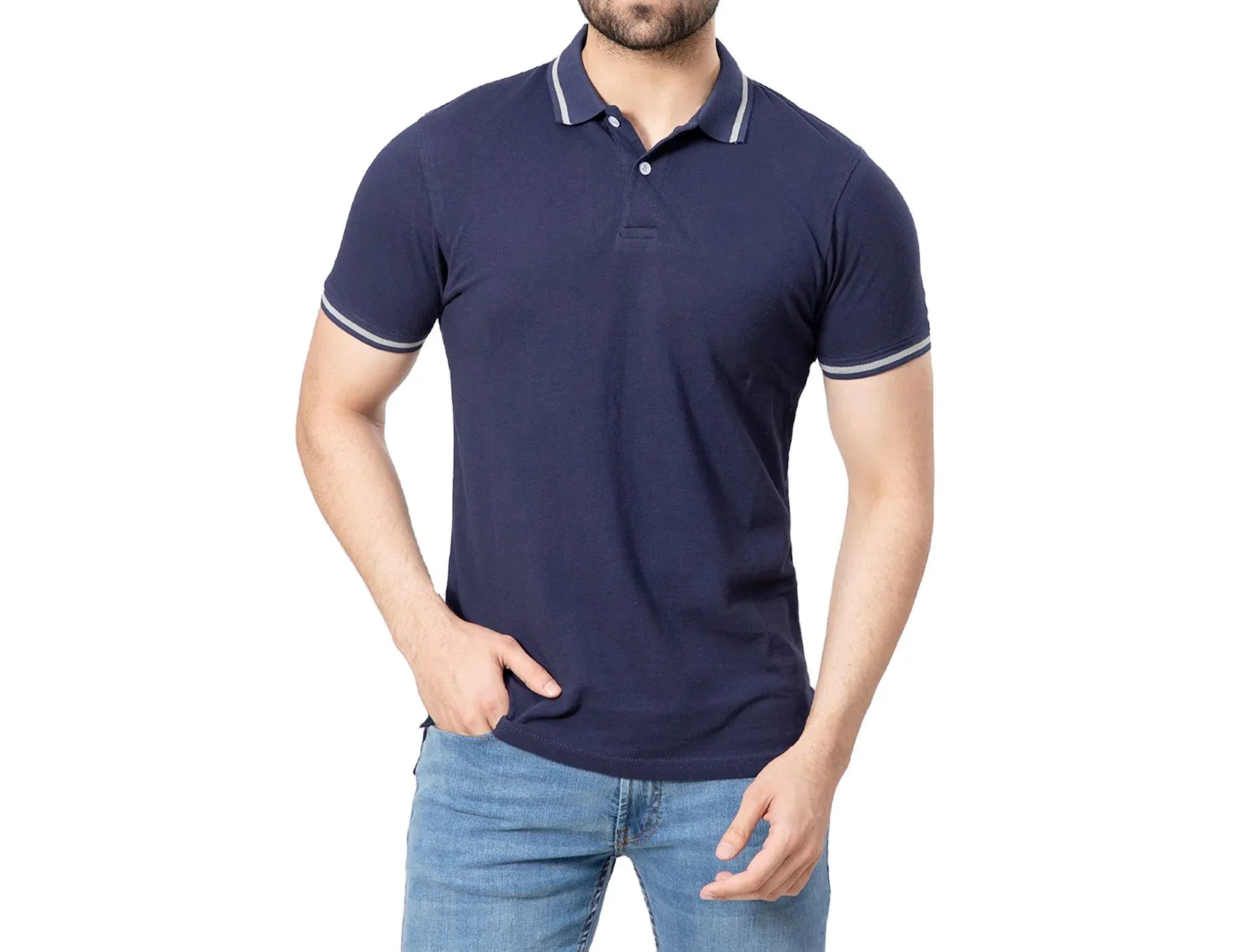 Kaus Polo katun kontras motif garis bergaya bernapas pria dibuat di Pakistan harga grosir kualitas terbaik dengan harga murah