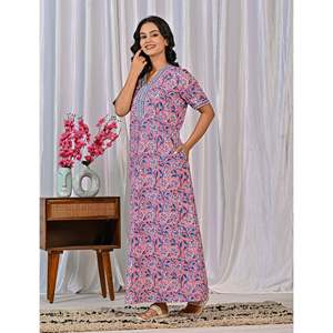 Robe de nuit 100 % coton imprimée à la main (motif Jaal), tissée douce, à imprimé floral et animalier, boutonnée, ODM pour les familles, commande minimum 3 pièces - Product Image 6