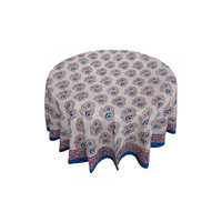 Produits les plus vendus Nappe ronde en coton avec imprimé Paisley Bordure bleue et rose Décoration d'intérieur classique Tissu tissé lavable