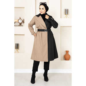 Manteau trench bicolore pour femme, crème-noir, imperméable, long, doublure en lin, tissu en laine, ceinture en fourrure, pour l'automne, modèle 100MD-10016 - Product Image 5