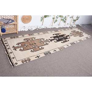 Alfombra turca vintage de lana beige y marrón clásica de 33x124 pies, diseño de retazos de pelo medio ecológico con respaldo de látex - Product Image 3