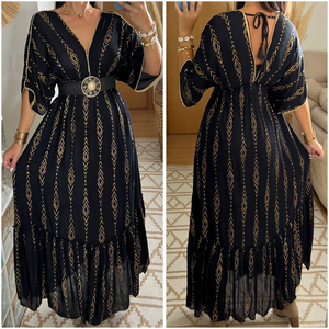 Black Bohemian <b>Maxi</b> <b>Dress</b> V Neck Belted Flare <b>Sleeve</b> Geometric Print Natural Waist Eco-Friendly Elegant Boho Chic <b>Dress</b> - Product Image 5