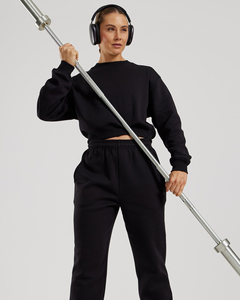 Custom Logo Black Cropped Crew Neck Women's Sweatshirt Dropped Shoulders Ribbed Cuffs & Hem Women's <b>Hoodies</b> <b>Gym</b> <b>Hoodies</b> Women - Product Image 3