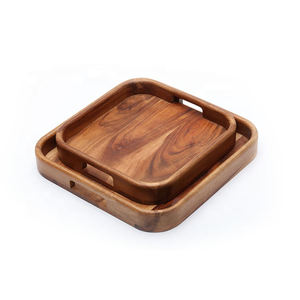 Ensemble de plateaux de service en bois d'acacia de qualité supérieure avec poignées, plateaux carrés en bois emboîtables pour table basse, restaurant et hôtel, service de nourriture - Product Image 1