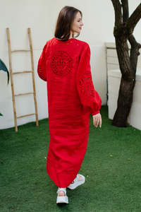 ชุดเดรสยาวผ้าลินินสีแดง งานปักมือแบบคัตเวิร์ค แขนทรงบอลลูน เอวธรรมชาติ เป็นมิตรกับสิ่งแวดล้อม สไตล์โบฮีเมียนลำลอง - Product Image 3