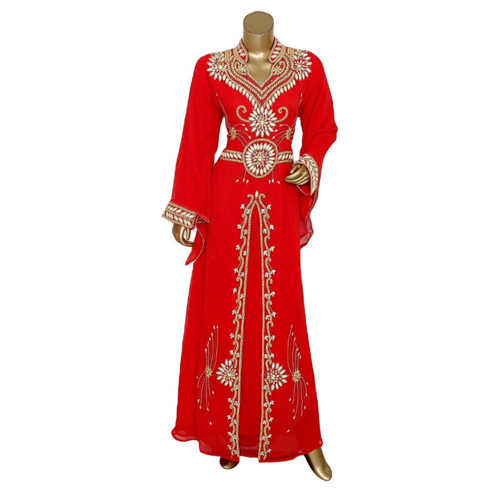 New Looks Color rojo bordado trabajo hecho a mano piedra con cuentas étnico Abaya Kaftan para mujeres islámicas ropa