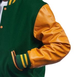 แจ็คเก็ตเบสบอลบอมเบอร์สีเขียวสำหรับทุกเพศเสื้อแจ็กเก็ตทีมเบสบอลแขนหนังสีและโลโก้แบบกำหนดเอง - Product Image 6