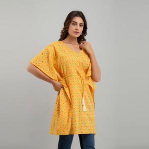 Yellow Bandhani Print Cotton Kaftan Dress Hand Drawn Pakistani Style Indian Salwar Kameez Stitched Clothing (SHKUP1231) - Product Image 5