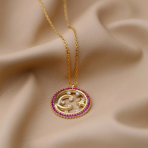 Collier avec pendentif en pierre de rubis et lune, breloque ronde, pierre de Zircon, étoile en argent Sterling 925, bijoux turcs faits à la main - Product Image 6