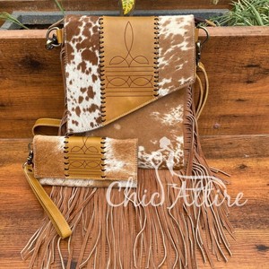 Pelo occidental en cuero genuino bota puntada flecos bandolera y bota puntada cuero de vaca genuino muñequera cartera conjuntos combinados - Product Image 1