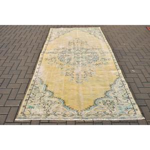 Vintage Turkish Rug, 4.8x8.7 ft Large Rug, <b>Yellow</b> Check Rug - Product Image 1