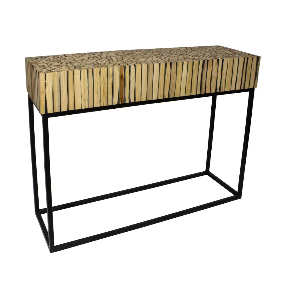 Mesa de console de madeira natural com perna de metal, gaveta estilo americano chique estética atacado da fábrica do Vietnã