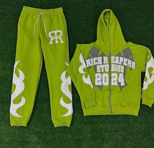 Sweat 2 pièces pour hommes 100% coton 400gsm Flees sérigraphié Sweat à capuche zippé et pantalon de survêtement en gros - Product Image 1