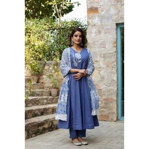 Stunning flaired kurta set with cotton malmal printed dupatta made from high-quality cotton and embroidery work on neck line - Product Image 1