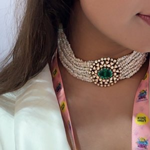 NOVAMART Fine Moissanite <b>Choker</b> Necklace with Emerald and Pearl Accent Wholesale Export - Product Image 2