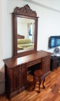 Table de toilette en teck massif durable et écoresponsable, fabriquée à la main, avec miroir amovible et tabouret, style royal européen moderne pour chambre à coucher