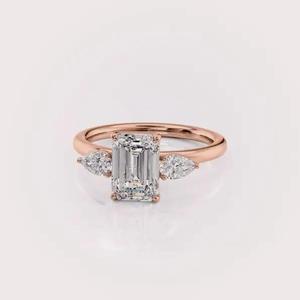 IGI Certified Emerald Cut Lab Grown Diamond Three Stone Engagement & Anniversary <b>Ring</b> 9K Yellow/White Rose Gold Pear Side Stone - Product Image 5